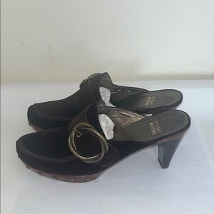 Stuart Weizmann Dark Brown Suede Clogs with brass studs and buckle. Size 7 1/2
